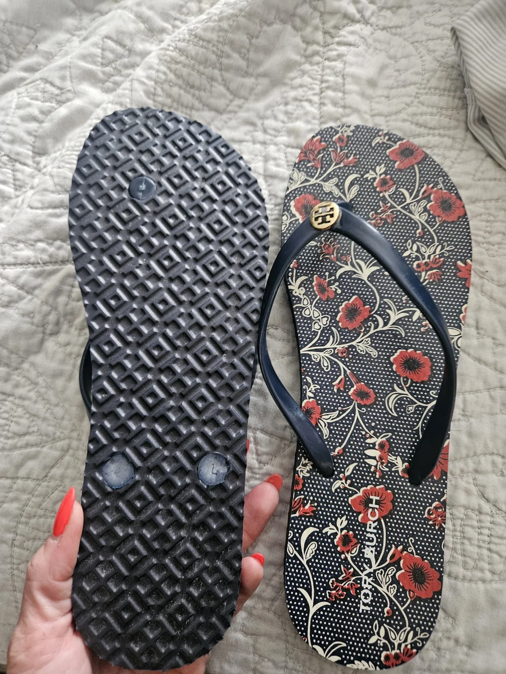 Tory Burch Navy and Red Floral Flip Flop Sandals